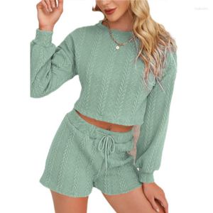 Kadınların Terzini Kadın Örgü Sweater Şort İki Parça Takım Kadın Oneck Uzun Kollu Mahsul Üst Dantel Yukarı Drawstring Casual Homewear