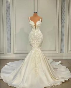 Plus Size Arabic Aso Ebi Mermaid Wedding Dresses Sexy Luxurious Spaghetti sweetheart Lace Beaded chapel train Bridal Gowns Dress