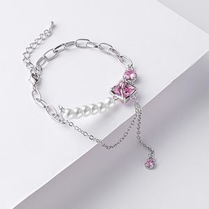 Link Armbanden Fashion Pink Crystal Square Charm Round Pearl Bead Bracelet For Women Girl Accessories Korean Sieraden Party Gift DZ619