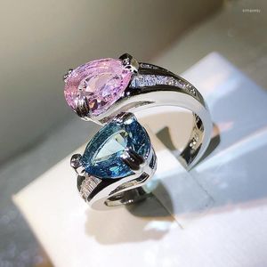 Bröllopsringar utsökta silverfärgsmycken Dubbel vatten droppe blå rosa zirkonsten resizable ring för kvinnors jubileumsgåva lyx
