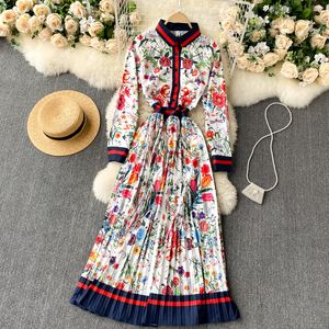 New French Dress Women's Spring Design Pleated Print Celebrity Temperament Dress Long Skirts