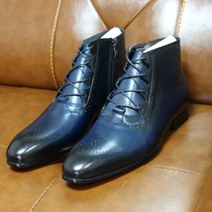 Autumn moda moda de couro genuíno masculino de tornozelo de tornozelo de renda artesanal com zíper de sapatos oxford de alta qualidade para homens