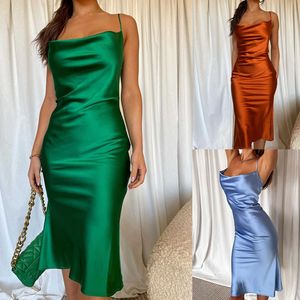 Swing Collar Satin Party Dress Women rygglös strapklubb midi klänning grön vestidos de fiesta ärmlös höstklänning l220714