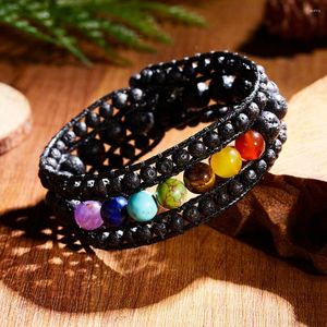 Bracelets de charme faits à la main colorés sept chakras de pierre naturelle Bracelet de chaîne de corde enveloppante multi-couche vintage pour femmes Boho