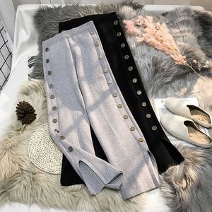 Women's Pants Capris Knitted Pants Women's Spring Casual Trousers Elastic Waist Side Row Buckle Slim High Waist Black/gray Straight Pants Loose T221024