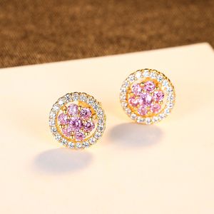 Sweet Pink Zircon Flower Plated 18k Gold Stud ￶rh￤ngen Kvinnor smycken Micro Set Gem Round Exquisite S925 Silver Ear Needle ￶rh￤ngen Tillbeh￶r g￥va