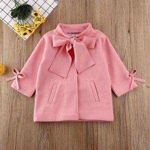 معطف 2-8 y Kids Girls Coats Baby Autumn Winter Clothing Coll Color Bow Neck Long Long Trench Trench Windbreaker Children