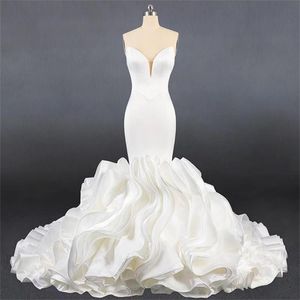 Brud Satin Sweetheart Mermaid Wedding Dresses Sexig Deep V Neck Fishtail Lace-Up Corset Ruffles Organza Bridal Dress Robes