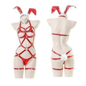 Sahne Giyim Kadınlar Kırmızı Noel Tavşan Cosplay Suit Seksi Bandage Lingerie Faux Deri Lateks Tavşan Kız Hollow Out Patent Deri Bodysuit T220901