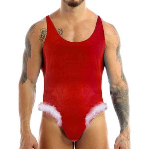 Bühnenbekleidung sexy Herren Dessous Weihnachten Sissy Bodysuit U Hals ärmelloses Samt Lotard Feather Trimmen lustiger Sissy Crossdresser Nachtwäsche T220901