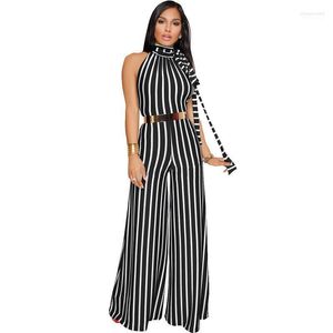 Women's Jumpsuits Women Fashion Striped Backless Jumpsuit Romper Office Lady Sleeveless Halter Elegant Wide Leg Loose Casual Overalls