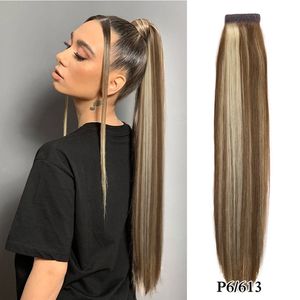 Chic Ponytail Human Hair Extension Wrap Around Highlight Blond Ponytails Clip i Extensions Balayage Straight Pony Tail Hairpiece P6/613 120G 14inch