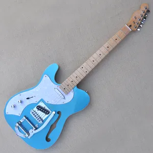 Guitarra elétrica azul de metal canhoto de canhoto de fábrica com corpo de tremolo semi-seguinte Sistema de tremolo de hardware cromo bordo braço pode ser personalizado