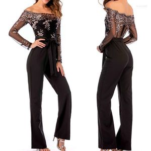 Women's Jumpsuits Women's & Rompers Women Sexy Off Shoulder Lace Long Sleeve Playsuit Fashion Elegant Sequin Mesh Splice Jumpsuit Wide