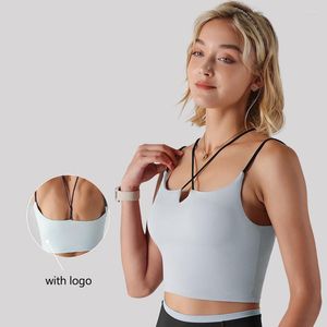 Yoga-Outfit mit Logo für Damen, sexy, kleiner V-förmiger dünner Träger mit Ausschnitt hinten, Dessous, stoßfest, Push-Up-Sport-BH, Brustpolster, Fitness-Unterhemd