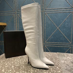 White lambskin leather knee-high boots side zip shoes pointed Toe 10cm heel tall boot fashion stiletto booties luxury designers shoe for women factory footwear