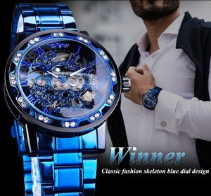Нарученные часы прозрачные бриллианты механические часы синие скелетные мотивы из нержавеющей стали Mens Watch Top Brand Luxury Business Fashion Style