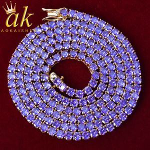 Strands Strings Purple Tennis Chain Ожерелье Хип -хоп -рок -стрит Ювелирные изделия AAAAA Кубическая циркония 24K Реальное золото.