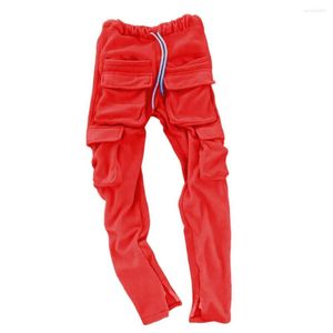 Men's Pants Streetwear Men's Cargo Solid Color Elastic Waist Drawstring Windproof Autumn Winter Thicken Split Sweatpants For School