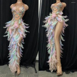 Desgaste de palco Vestido longo com estampa brilhante de penas Fantasia de drag queen Baile de formatura Comemoração de aniversário Roupa sexy Rosa elegante