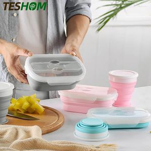 Servis upps￤ttningar 2st/set silikon Collapsible Portable Lunch Box Cups Set Folding Bento Eco -v￤nlig f￶rvaringskontainer Lunchl￥da