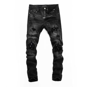 Projektant marki men dżinsy noszą dziurę Patch Młodzież Slim Print Spodnie Czarne