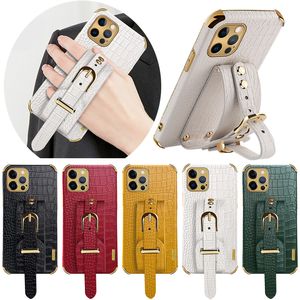 Four Corner Anti-drop Crocodile PU leather Wristband Cases Bracket Strap Stand Holder Soft 6D Plating Shockproof Cover For iPhone 14 13 12 11 Pro MAX 8 7 6 6S Plus SE2