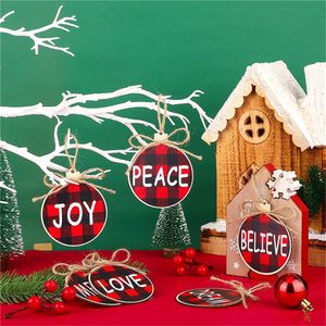 Targhetta natalizia in legno Ornamenti a quadri di bufalo Plaid rosso e nero con parola per decorazioni da appendere all'albero di Natale RRA118