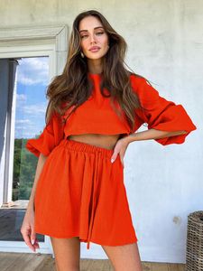 Kvinnors spårningsdräkter 2022 Kvinnor Autumn Winter Holiday Shorts Set Loose Fit Solid Orange Long Sleeve Suit 2 Two Piece Set For