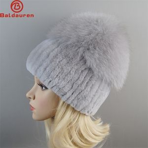 Beanieskull Caps kış açık kadınlar gerçek rex tavşan kürk şapkası doğal örgü kapağı Rus bayan sıcak% 100 gerçek şapkalar 221024
