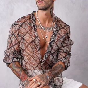 Impressão de padrões camisa masculina sexy veja através de malha camisas finas de manga comprida