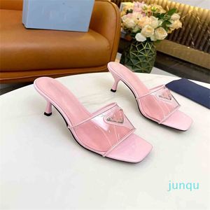 Pantofola da donna in PVC rosa con tacco, scarpe con tacco, designer di lusso, logo in pelle, punta aperta, punta quadrata con scatola 38