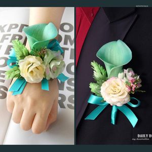 Decorative Flowers Brand Blue Calla Lily Wedding Bride Wrist / Hand Groom Corsage Boutonniere For Party Or Pographic