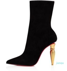 Damen-Stiefelette mit schwarzem Samt und Wildledersohle, High Heels, Lipbooty, 100 mm Absatz, kurze Luxus-Marken-Designer-Stiefel, Lady Pop Booty