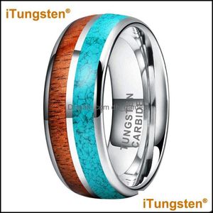 An￩is de casamento An￩is de casamento Itungsten 8mm Drop Tungst￪nio Ring de carboneto para homens Banda de engajamento de mulheres Blue-turqueise Koa Wood Inclay Comf Dhosi