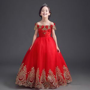 Lace Flower Girl Cute Gold Red Bows Children's First Communion Dress Princess Formal Tulle Ball Gown Wedding Birthday Christmas Party Gowns 403