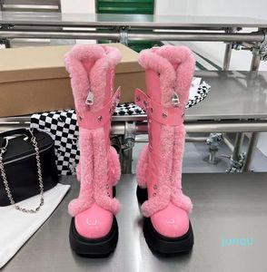 Runway Fur Thick Sole Shinny Leather Boot Women Round Toe Short Plush Snow Boots Warm Winter Shoes Punk Long Booties 002