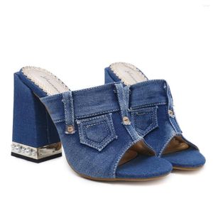Slippers High Heels INS Fashion Denim Mules Slip On Slipper Square Pocket Decoration Shoes Women Summer Sandals Pumps