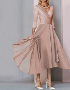 Einfaches kurzes Kleid für die Brautmutter 2023, Traube, elegant, V-Ausschnitt, Teelänge, Chiffon, Satin, Halbarm, Brautpartykleid, Robe de Soiree