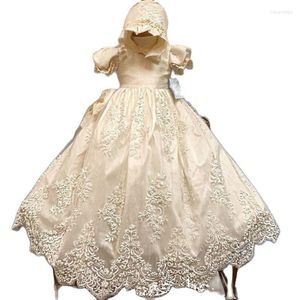 Girl Dresses Communion Dress Vintage Short Sleeves Applique Baby Baptism Christening White Beige Bow Gown