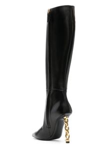 2024S Kvinnor Long Boot Black Leathers Chain-Trimme Leather TF Knee Over Boots Soft Calf Boots Gold Heeled Knee Boasties Luxury Brand Designer With Box