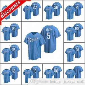 Camisas de beisebol 2021 Masculino # 13 Salvador Perez 4 Alex Gordon 35 Asa Lacy BRETT JUNIS Personalizado Feminino Juvenil Infantil Azul Claro Alternativo Jersey