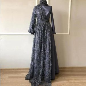 Grey Satin Lace Long Sleeve Muslim Evening Dress High Collar Dubai Saudi Arabic Long Formal prom Party Gowns Vestidos De Fiesta