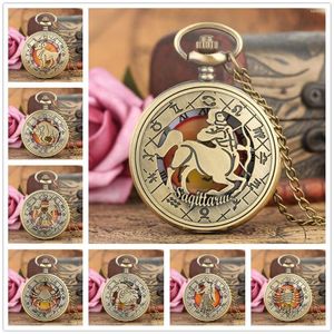 Pocket Watches Antique Bronze Constellations Theme Quartz Necklace Watch Collection Pendant Clock Gifts For Men Women Kids