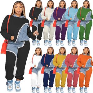 Tracksuits Designer Two Piece Set Women Denim Patchwork Long Sleeve Hooded Sweatshirt Pants Outfits Jogging Sport Suit Fashion Sportswear K10465