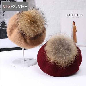 Beanie/Skull Caps VISROVER New Unisex % Wool Winter Beret Solid fur Pompom Autumn Hat Winter Cap Spring Punk Beret Hat Real Fur Beret Wholesale T221020