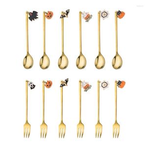 Zestawy naczyń obiadowych 6PCS Halloween Mała przystawka Forks Długie uchwyt mieszający łyżki do zmywarki Safe