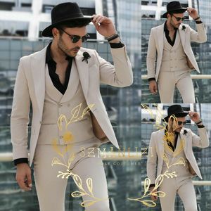 Casual Beige Men Suits Wedding Tuxedos 3 sztuki Slim Fit One Button Jacket Vest Pants Groom Wear Prezenta