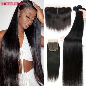 Hair Wefts 36 38 40 Inch Straight Bundles With Closure Brazilian Weave Frontal Pre Plucked Remy Extension 221024