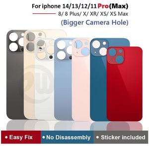 OEM Big Hole Back Glashus för iPhone 8 8Plus X XR XS 11 12 13 14 Pro MAX Batteri bakre skal med klistermärke